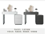 Modern makeup vanity table with mirror and storage drawer in bedroom setting