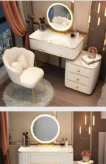 French white wooden dressing table with mirror and stool in a modern bedroom setting