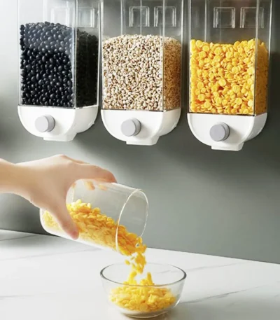 Airtight plastic cereal storage containers with pour spout and measuring cup lid