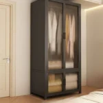 Minimalist open wardrobe closet with metal frame in a modern bedroom setting