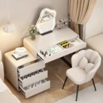 Modern bedroom vanity table with mirror and storage drawers, makeup vanity desk with stool