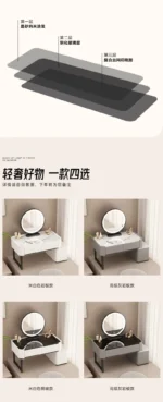 Modern minimalist dressing table with storage shelf for makeup organization in a bedroom