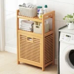 Solid wood floor-to-ceiling bathroom clothes rack with basket storage, towel holder and toilet organizer