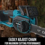 Cordless brushless chainsaw cutting a log in a garden