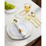 Elegant 350-Piece Gold Plastic Dinnerware Set: 100 Rimmed Plates, 150 Cutlery, 50 Napkins, 50 Cups for Parties &