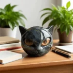 Black Cat Figurine Resin Cat Head Healing Stone Marble Texture Cat Stone Resin Cat Sculpture Ornament for Home Office Desk
