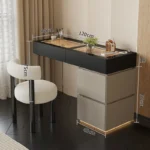 Minimalist modern dressing table with mirror and stool in a bedroom setting with 4 drawers and 4 doors
