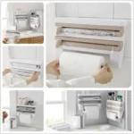 Goldoma wall mounted paper towel holder with storage rack and cutter in a modern kitchen