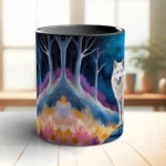 Moon coffee mug with white wolf design on ceramic surface
