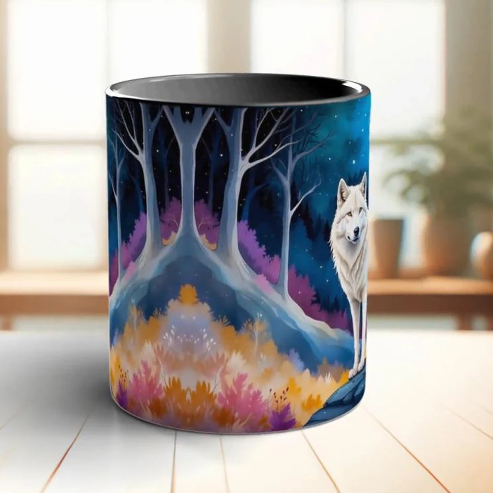 Moon and white wolf coffee mug 11oz ceramic home tea cup friends birthday gift mug