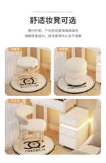 Luxury modern dressing table with mirror and stool in bedroom setting featuring compact vanity with drawers