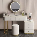 White MDF dressing table with mirror and stool in a modern bedroom setting