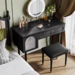 Goldoma compact vanity desk with drawer storage and mirror in a corner bedroom setting