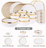 Nordic Style Gold Inlay Bright White Porcelain Dinner Sets Ceramic Bowl Dish Plates Set Porcelain Dinnerware For Household