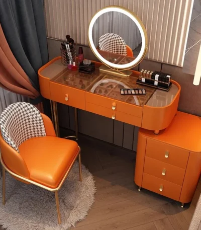 Modern dressing table with mirror and stool in a minimalist bedroom setup