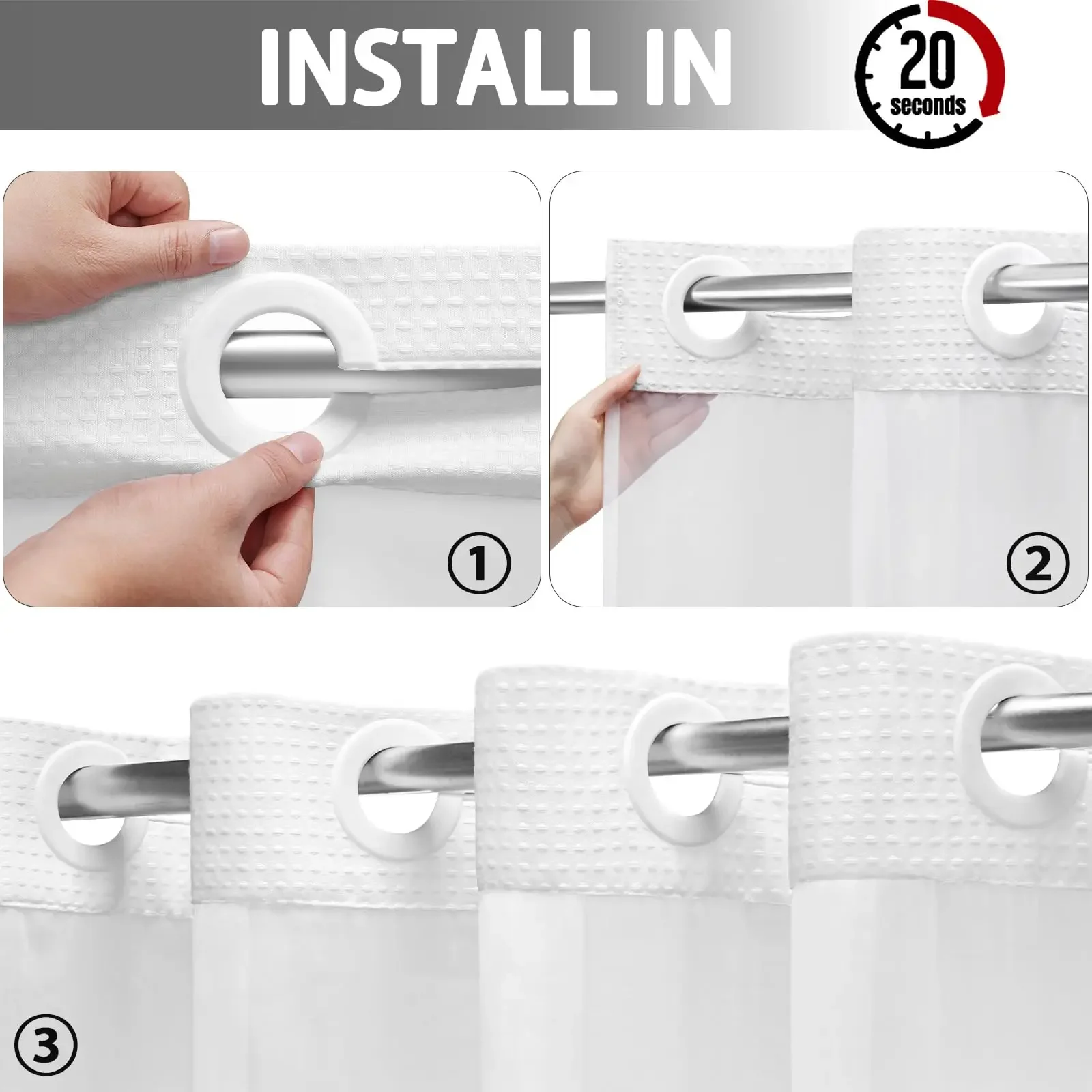 No Hook Shower Curtain with Snap in Fabric Liner Set Less Time White Waffle Shower Curtain for Bathroom