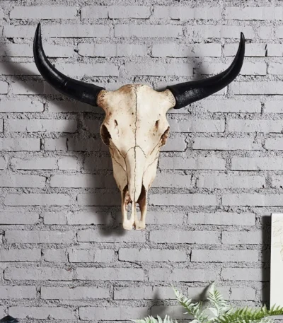 Creative 3D Longhorn Cow Skull Head Ornament Wall Hanging Resin Animal Statue Crafts Home Office Decor Retro Bull Skull
