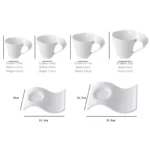 White porcelain espresso cup with wavy design on saucer, modern home decor
