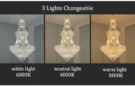 Modern crystal chandelier for dining room hanging over a wooden table with warm glow