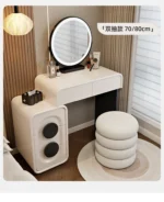 Modern white wood dressing table with mirror and three drawers in bedroom setting