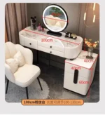Modern dressing table with mirror and stool in a minimalist bedroom setup