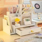 Girl cosmetics sorting student desktop mark pen drawer multi grid storage pen holder, angled view showing drawers.