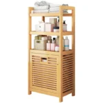Solid wood floor-to-ceiling bathroom clothes rack with basket storage, towel holder and toilet organizer