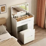 Modern white LED vanity dresser with mirror and stool - complete makeup table set for bedroom | Goldoma