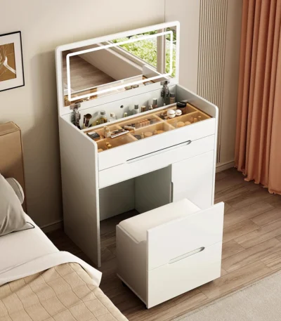 Modern white LED vanity dresser with mirror and stool - complete makeup table set for bedroom | Goldoma