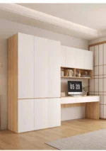 Solid wood desk with wardrobe and bookshelf combo for home office – Goldoma