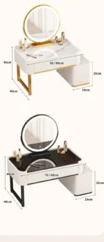 Modern minimalist dressing table with storage shelf for makeup organization in a bedroom