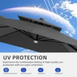 Goldoma large patio umbrella with lights illuminating a 9x9 FT square cantilever umbrella with solar LED lights in a bac