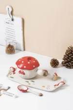 Creative Cartoon Cute Girl Heart Red Mushroom Ceramic Tableware Single Handle Bowl Soup Pot Breakfast Plate – top view