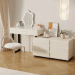 Modern wooden makeup vanity table with mirror and matching stool, featuring a storage drawer for organization