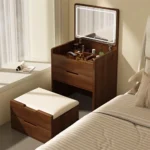 Compact LED makeup vanity desk with stool and mirror in white finish