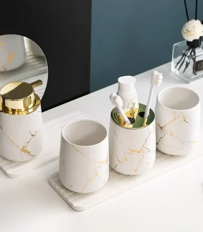 Matte Gold Ceramics Bathroom Set Decor Soap Dispenser Toothbrush Holder cup Soap Dish tray Mouthwash Cup bathroom Washing Set