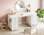 48" White Computer Desk with 8 Fabric Drawers Large Storage Home Office Study Gaming, Customized – side view