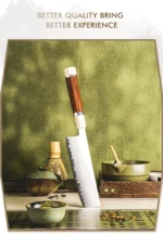 Professional nakiri knife with PM204 steel core and Mkuruti wood handle on wooden cutting board