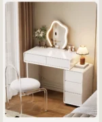 Modern White Wood Dresser with Mirror and Stool – styled in a modern Vanities setting