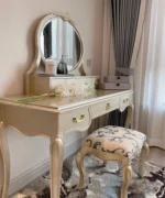 Nordic dressing table with mirror and stool in white solid wood finish