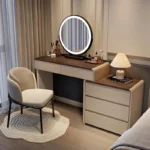 Classic Nordic vanity table with mirror and stool for makeup storage - modern luxury bedroom furniture