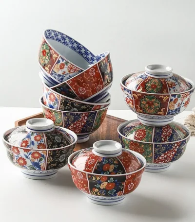 Ceramic ramen bowl with lid, Japanese style tableware for soup or rice