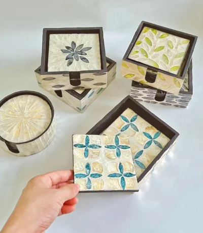 6 Pieces Colorful Shell Coaster Set Circle/Square Teapot Cup Insulation Pad Desktop Tableware Bowl Mat Home Kitchen Supplies