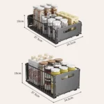 Pull out cabinet organizer holding spice bottles and seasoning jars in a kitchen cabinet