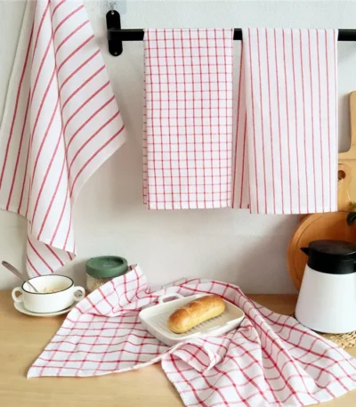 1Pc 50x70cm White Red Plaid Striped Cotton Tea Towel Kitchen Table Napkin Cleaning Cloth Xmas New Year Decor