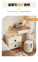 Modern lifting vanity table with mirror in cream finish, featuring rotating top and adjustable height for bedroom use