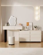 Modern wooden makeup vanity table with mirror and matching stool, featuring a storage drawer for organization