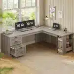 Farmhouse 67" L Shaped Desk with 3 Drawers, Executive Desk, Home Office Desks with Storage Shelves, Corner Computer,