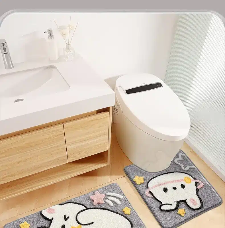 Cute Cartoon Rabbit Bath Mat Set High Quality Flocking Bathroom Non-slip Absorbent Bathroom Rug Shower Room Door Mat Carpet