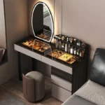 Modern dressing table set with mirror and stool in a stylish bedroom